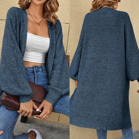 Long Blue  Knit Cardigans - Picture 3 of 3